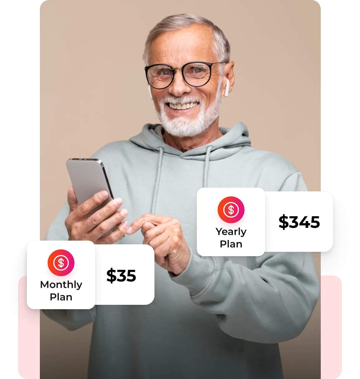 An older man holding a smart phone with $ 350 on the screen