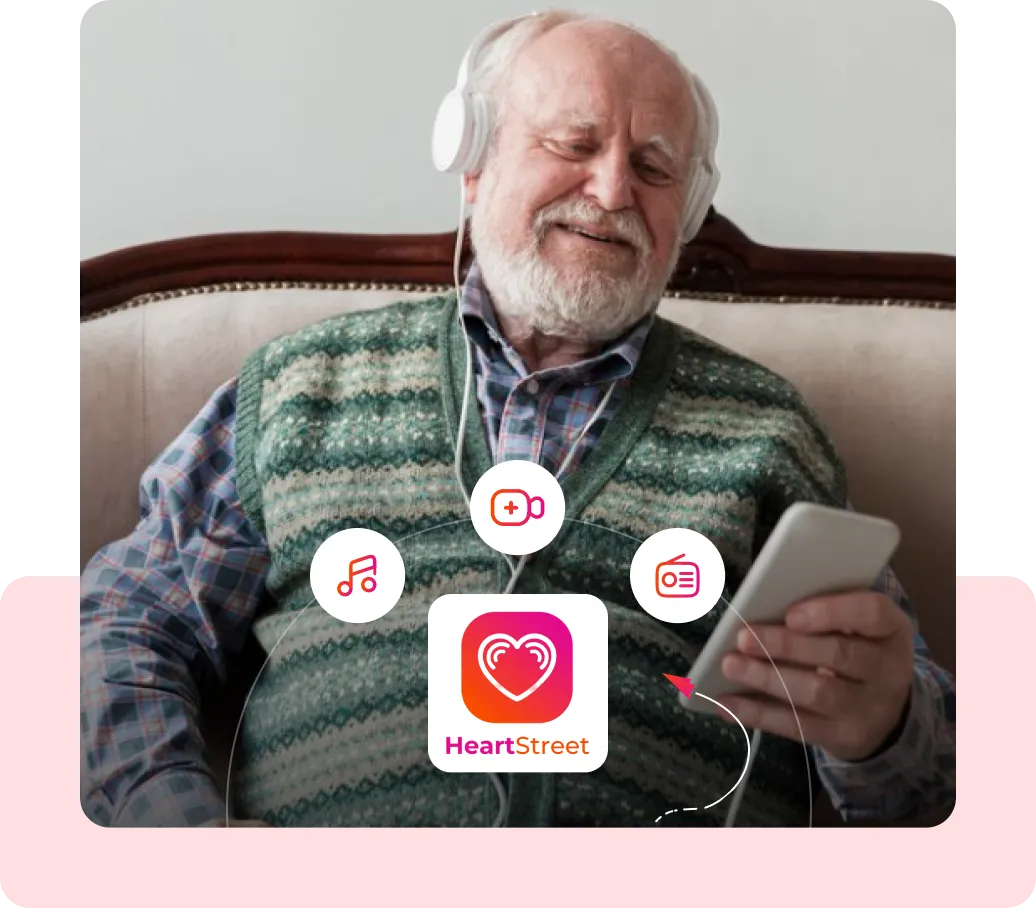 An old man listening to music on his phone