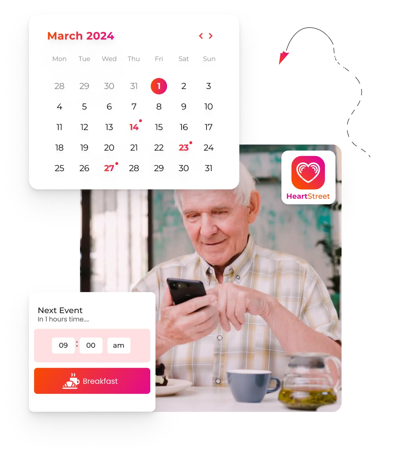 A calendar with a photo of a man holding a cell phone