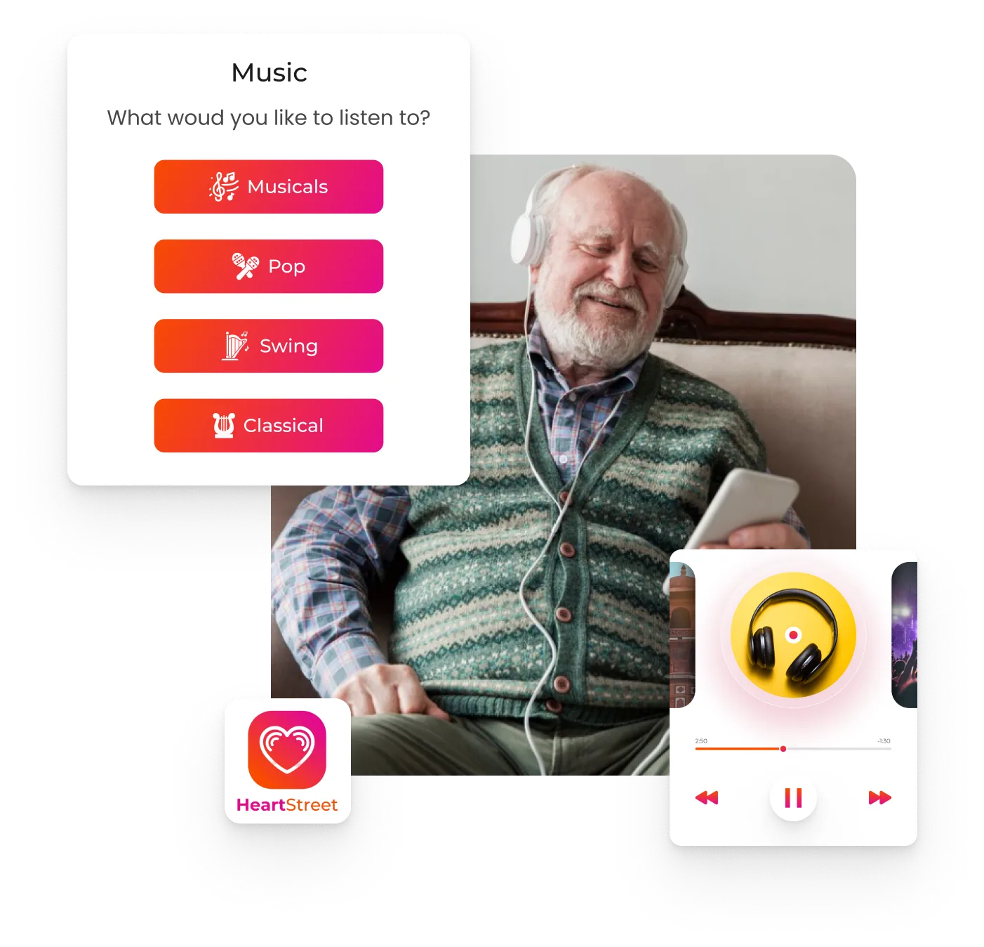 An old man listening to music with headphones