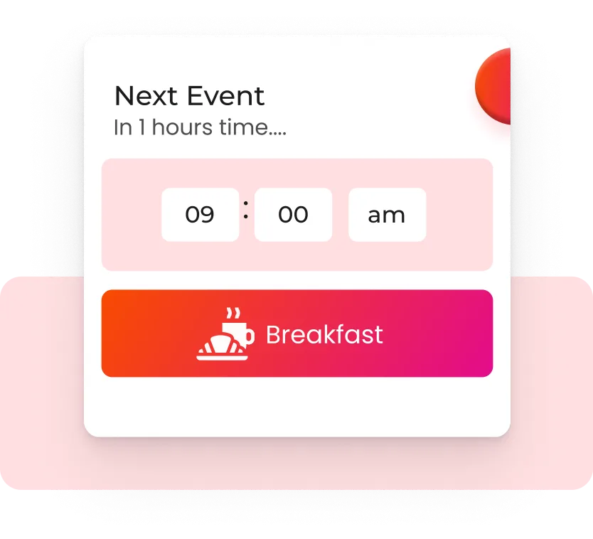 A pink and white checkout with the text next event in 1 hours time